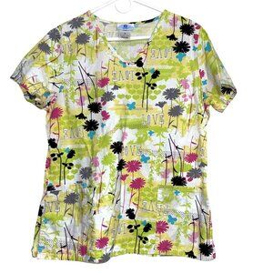 SB Scrubs Womens V-Neck Floral & Love Print Top